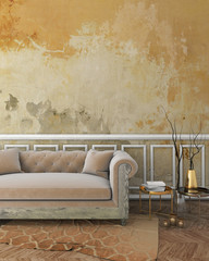 mock up classic interior with yellow plaster wall, white moldings on wall, beige sofa and brown carpet. 3d render