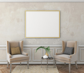 mock up poster frame on old plaster wall with moldings. vintage interior with brown parquet floor and easy chair. 3d render