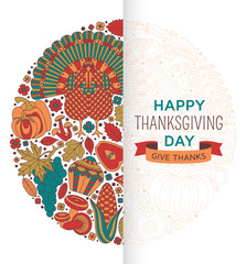 Thanksgiving day greeting card. Various elements for design. Cartoon vector illustration.
