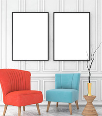 mock up poster frame on white plaster wall. vintage interior with white parquet floor and chairs. 3d render