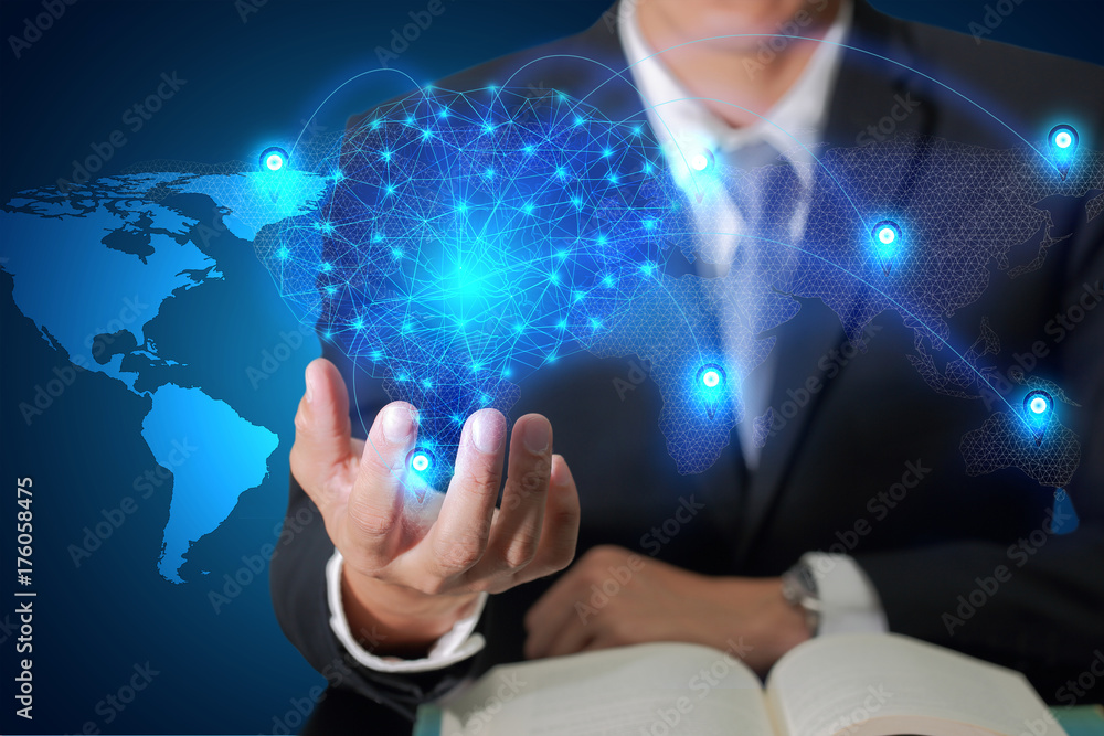 Aufkleber double exposure of businessman hand hold light blue polygon brain and line node networking world map
