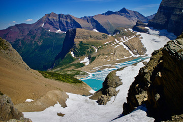 Mountain lake with ice and snow / Valley of high slopes with glacier