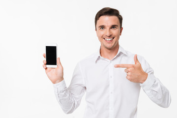 Portrait of a man in a white shirt pointing finger