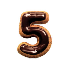 Gingerbread Biscuit Font decorated with Chocolate icing, Number 5. 3d rendering isolated on White Background 
