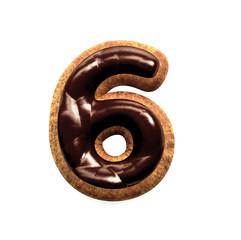 Gingerbread Biscuit Font decorated with Chocolate icing, Number 6. 3d rendering isolated on White Background 