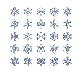Snowflake flat icons set. Collection of cute geometric snowflakes, stylized snowfall. Design element for christmas or new year card, winter ornament. Frozen snow flakes silhouette on white background.
