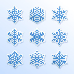 Fototapeta premium Snowflake flat icons set. Collection of cute geometric snowflakes, stylized snowfall. Design element for christmas or new year card, winter ornament. Frozen snow flakes silhouette on stickers.