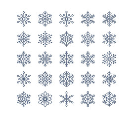 Snowflake flat icons set. Collection of cute geometric snowflakes, stylized snowfall. Design element for christmas or new year card, winter ornament. Frozen snow flakes silhouette on white background.