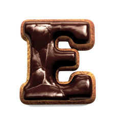 Gingerbread Biscuit Font decorated with Chocolate icing, Letter E. 3d rendering isolated on White Background 