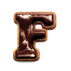 Gingerbread Biscuit Font decorated with Chocolate icing, Letter F. 3d rendering isolated on White Background 