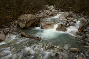 Pure water of a mountain river. River Ceyadon. North Ossetia, Caucasus. Russia.