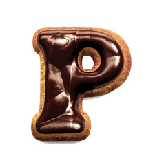 Gingerbread Biscuit Font decorated with Chocolate icing, Letter P. 3d rendering isolated on White Background 