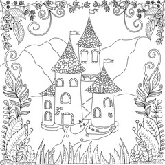 Coloring book page of castle in jungle for adult and children.vector illustration.