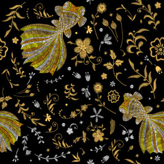 white lace, gold fish. Traditional folk stylish stylish floral embroidery on the black background. Sketch for printing on fabric, clothing, bag, accessories and design. Vector, trend