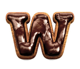 Gingerbread Biscuit Font decorated with Chocolate icing, Letter W. 3d rendering isolated on White Background 