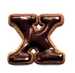 Gingerbread Biscuit Font decorated with Chocolate icing, Letter X . 3d rendering isolated on White Background 