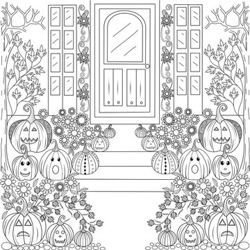 Coloring book page of halloween pumpkin house for adult and children.vector illustration.Hand drawn.