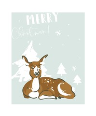 Hand drawn vector abstract fun Merry Christmas time illustration greeting card with deer and many xmas trees isolated on blue background.
