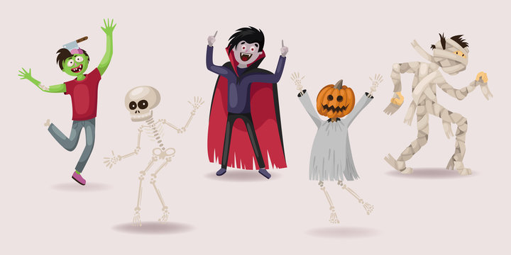 halloween set. dancing. zombie, ghost, skeleton, vampire, pumpkin, monsters, vector