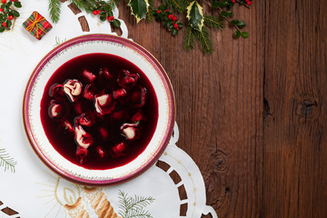 Traditional, Polish Christmas red borsch with dumplings.