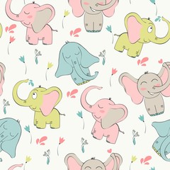 Vector seamless pattern with elephant and flowers