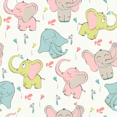 Poster Vektornahtloses Muster mit Elefanten und Blumen © Tapilipa