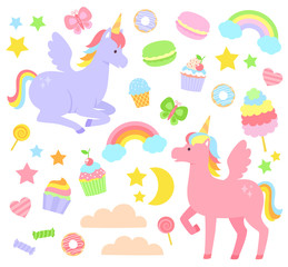 Set of unicorns, rainbows, cupcakes and other cute items