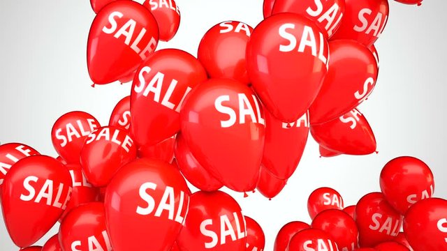 3D CGI animation of red balloons with text Sale flying up over white background. Perfect video for Black Friday or seasonal sales. Video with Alpha