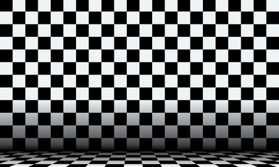 Black and white checkered abstract cosmic background with perspective view. - obrazy, fototapety, plakaty