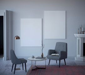Fototapeta premium mock up poster in classy loft interior background, contemporary living. 3D rendering