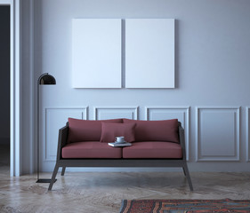 mock up poster in stylish loft interior background,  with red sofa, 3D rendering