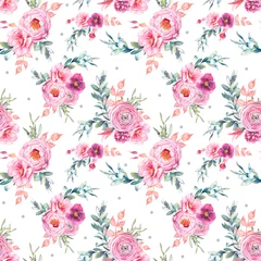 Schilderijen op glas Watercolor seamless pattern with peonies flowers, snowberry, mistletoe and eucalyptus leaves. Hand painted repeating background with floral elements, peony, roses, ranunculus flowers. © ldinka