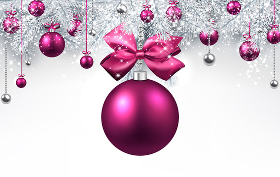 White background with pink Christmas ball.