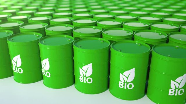 Seamless 3d animation of rows of green barrels with bio alternative fuel. Perfect footage for ecology safety