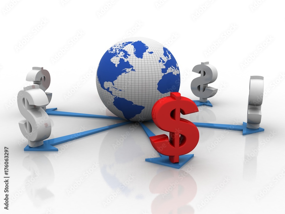 Poster 3d rendering Dollar symbol on world map