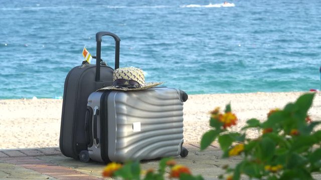 Travel valise on exotic beautiful beach