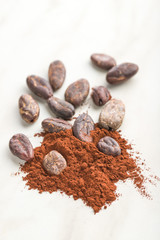 Dark cocoa powder and beans.