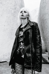 monochrome portrait of stylish blonde grunge young woman  - obrazy, fototapety, plakaty