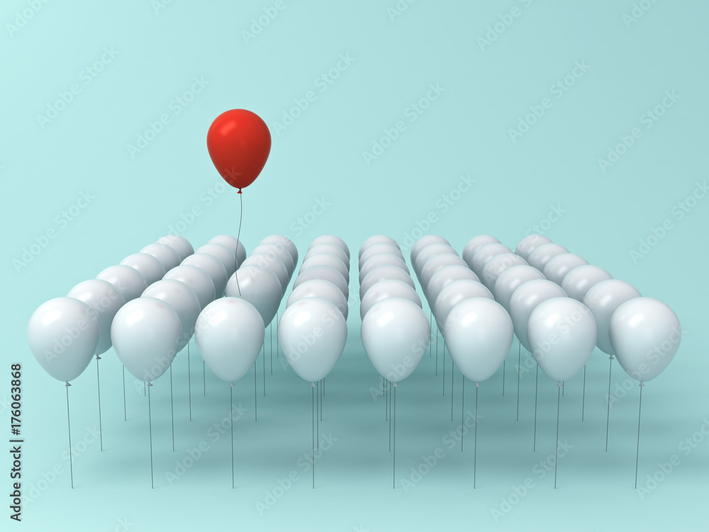 Poster stand out from the crowd and different idea concept , one red balloon flying away from other white b