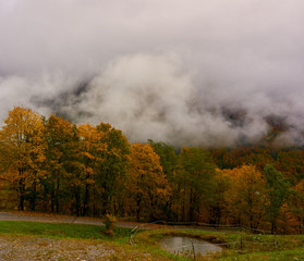 Fototapeta na wymiar Autumnal forest trail with fog over the mountains