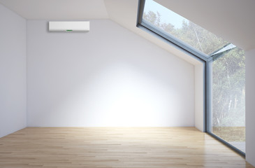 Modern bright living room with air conditioning, white wall. 3D rendering