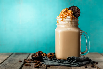 Sweet served drink on blue