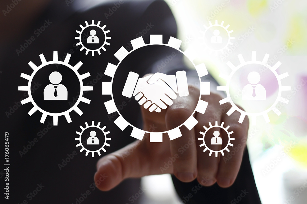 Poster handshake. businessman presses button handshake web gear engineering in network interface internet.
