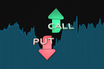 Put and call color arrows binary option chart on black. 3D illustration
