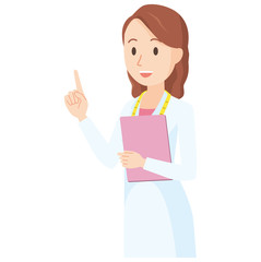 Illustration of a female nutritionist pointing at an oblique finger - upper body
