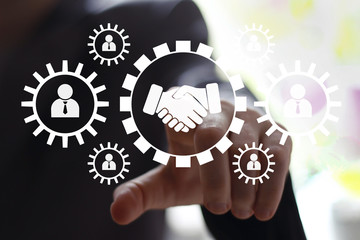Handshake. Businessman presses button handshake web gear engineering in network interface internet.
