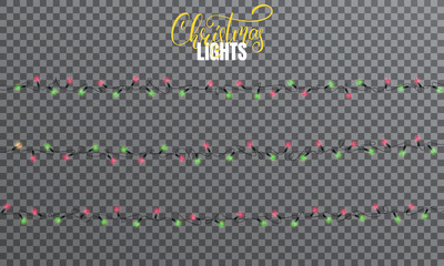 Christmas lights. Realistic string lights design elements of red and green colors. Glowing lights for winter holidays. Shiny garlands for Xmas and New Year
