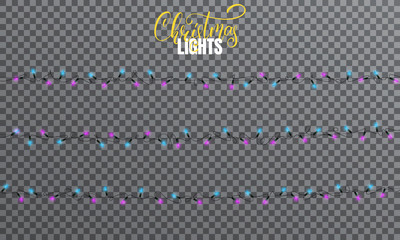 Christmas lights. Realistic string lights design elements of blue and purple colors. Glowing lights for winter holidays. Shiny garlands for Xmas and New Year