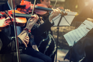 Obraz premium Muzycy grający na skrzypcach z bliska.
