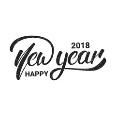New Year. Happy New Year 2018 hand lettering with grunge retro texture. Hand drawn logo for New Year card, poster, design etc.